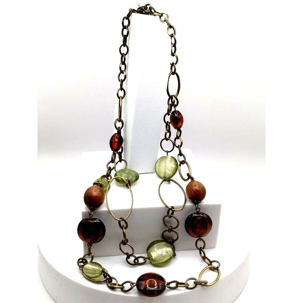 Vintage Designer Amber and Lime Green Glass Beads Layered Necklace